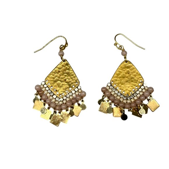 Seed Beaded Hammered Teardrop Earrings Gold Tone Bohemian Coastal Boho - Picture 2 of 5